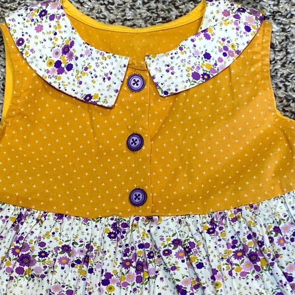 Charming Mustard and Purple Floral Kids Handmade Dress - Picture 3 of 6